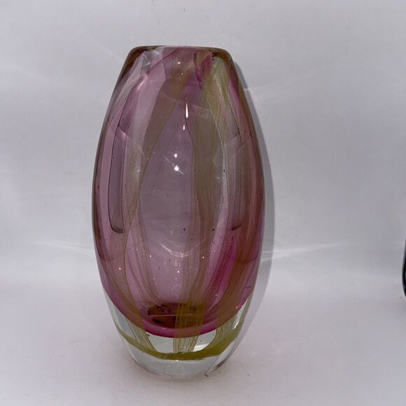 Todd Oldham Art Glass Laz Boy Heavy Thick Vase 8” Pink, Yellow, Clear - Picture 2 of 5